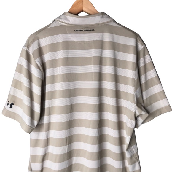 Under Armour UA Polo Golf Shirt Short Sleeve Tan Cream Stripes Men’s Large - Picture 7 of 11